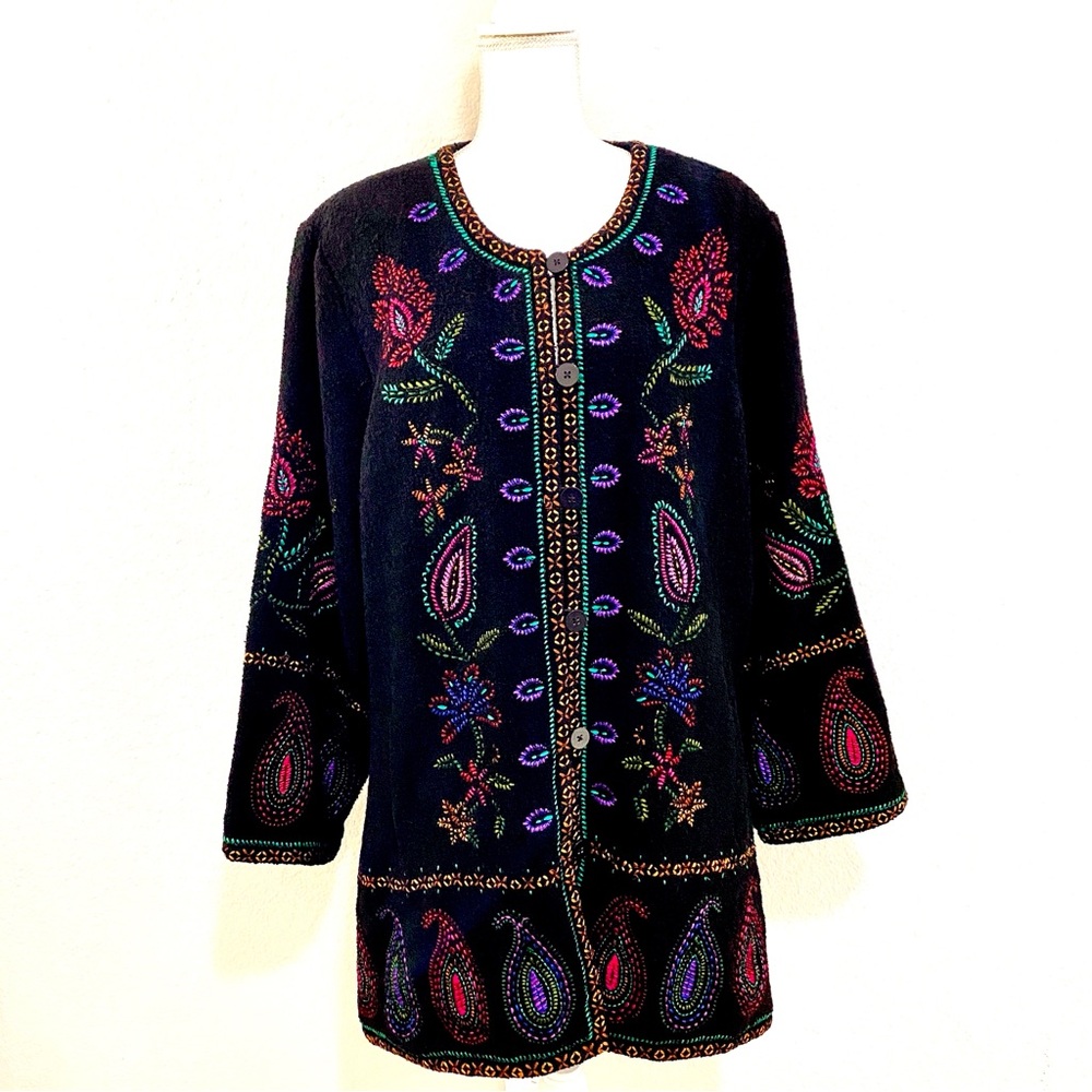 Linea by Louis Dell'Olio Black Jacket, Embroidered, Size 2X, Wool Blend, Artsy